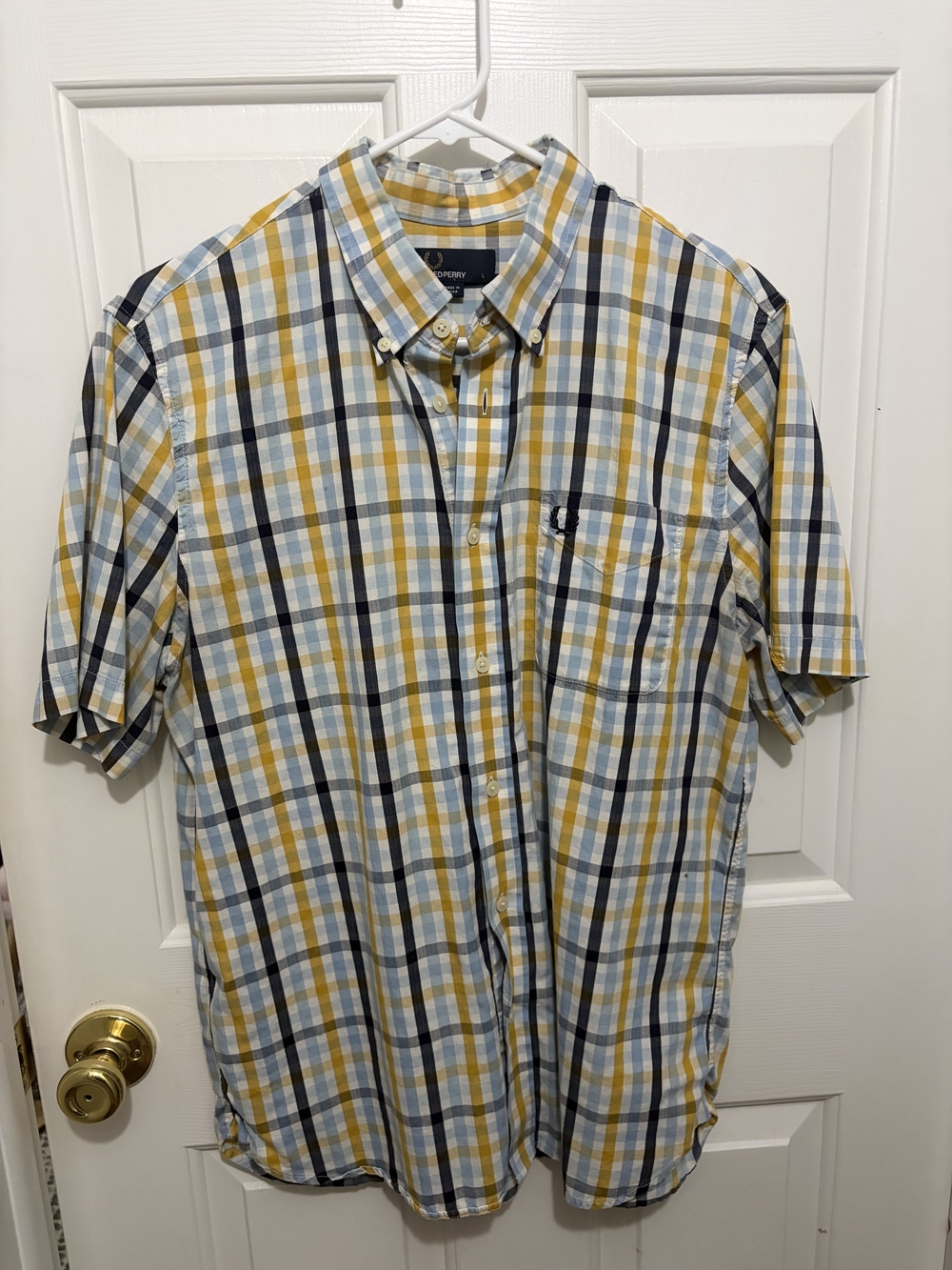Fred Perry Yellow and Navy Plaid Short-Sleeve Button-Down Shirt